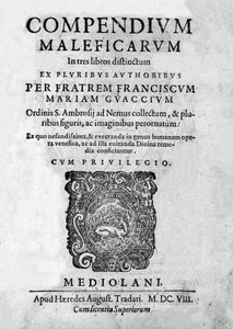 Frontispice van Compendium Maleficarum, behandelt heksen, hun kwaad en hun toverkunsten door Francesco Maria Guazzo of Guaccio of Guaccius (15?? -16??) 1608