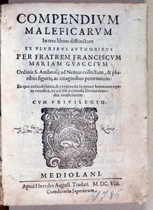 Frontispice van Compendium maleficarum door Guazzo over demonologie en hekserij (Gravure)