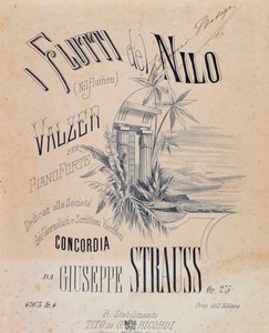 Frontispice van muzikale partituren van Nile Waters Waltzes voor piano door Josef Strauss