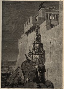 Galliërs proberen het Capitool te veroveren (390 v.Chr.) - Ganzen redden het Romeinse Capitool van Gallische indringers - gravure 1890