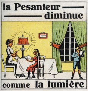 Zwaartekracht: wet van het kwadraat. Zwaartekracht neemt af zoals licht. Anonieme illustratie uit 1925. Privécollectie.