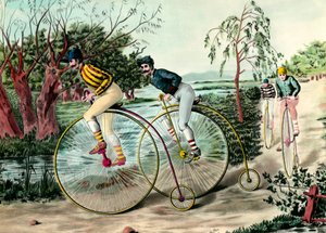 Geschiedenis van de fiets: race van grand bi (grand bi). Gravure uit de 20e eeuw. Privécollectie door Anonymous Anonymous
