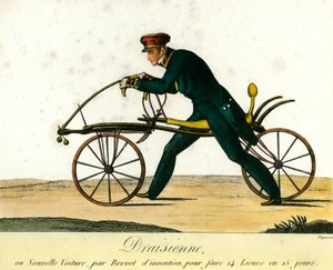 Geschiedenis van de fiets: de draisine, een zeer populaire nieuwe wagen rond 1818. Gravure uit 1818. Privécollectie