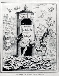 Hoe naturalisme wordt opgelegd: satirische tekening over de naturalistische roman over het boek "Nana" van Emile Zola. Gravure uit de 19e eeuw. Privécollectie. door Anonymous Anonymous