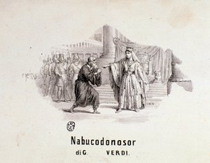 Geïllustreerde frontispice van de partituur van Nabucco opera van Giuseppe Verdi door Anonymous Anonymous