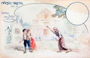 Illustratie van de opera Hansel und Gretel door Humperdinck, tijdens de uitvoering in het Teatro alla Scala