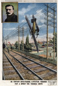 In verleiding Douai - Madrid, vliegenier Jules Vedrines (1881-1919) maakte in Epinay een vreselijke val. Gravure in Le Petit Journal, op 12/05/1912 door Anonymous Anonymous