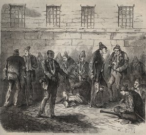 Invalide krachten in de Toulon Bagne in de 19e eeuw. Gravure in Histoire des bagnes depuis leur création à nos jours (1877) door Pierre Zaccone. Privécollectie.