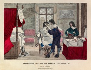 Interieur van een kappershuis in Parijs onder het bewind van koning Lodewijk XIII in de 17e eeuw - Interieur van een kappershuis, regering van koning Lodewijk XIII van Frankrijk 17e eeuw - privécollectie