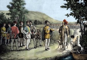 Jacques Cartier, zijn eerste ontmoeting met de Indianen in Hochelaga nu Montreal in 1535 (litho) door Anonymous Anonymous