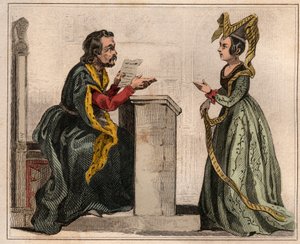 Jehan Pastoret (1328-1405), voorzitter van het parlement van Parijs onder het bewind van Karel V met een adellijke vrouw, gekleed in een liripion. Gravure uit 1859 in 