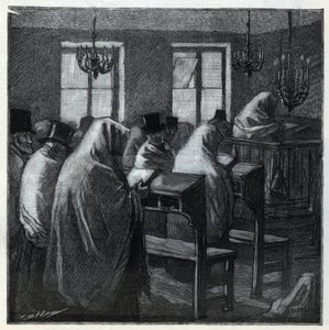 Joodse feesten: gelovigen tijdens het gebed in een oratorium tijdens de feestdagen. Gravure in 