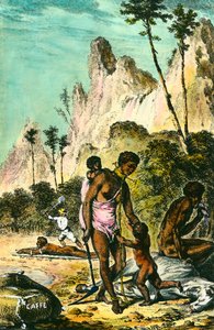 Reis naar het Île de France (het huidige Mauritius): het werk van slaven. Een witte meester slaat een slaaf die op de grond ligt. Een vrouw draagt een ketting met haar voet. Gravure uit de 18e eeuw. Privécollectie.
