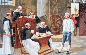 Oordeel bij het Hof van Ginebra van de Spaanse theoloog Miguel Serveto, veroordeeld tot verbranding op de brandstapel wegens ketterij in 1553 door Anonymous Anonymous