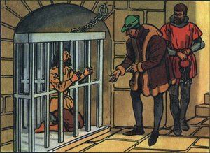 Koning Lodewijk XI bezoekt de kooien van de Bastille-gevangenis. Anonieme illustratie in Collection des souverains et chefs d