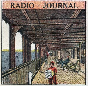 De T.S.F.: radio - krant. Krantenverkoper op een lijnschip. Anonieme illustratie uit 1925. Privécollectie.