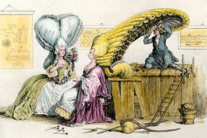 Grote excentrieke kapsels: jonge vrouwen van de adel gestyled door een pruik. Gravure uit 1788. Privécollectie