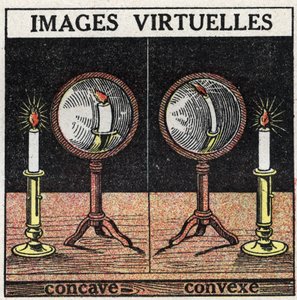 Lichtreflectie: virtueel beeld met holle spiegel (links) en bolle spiegel (rechts). Anonieme illustratie uit 1925. Privécollectie