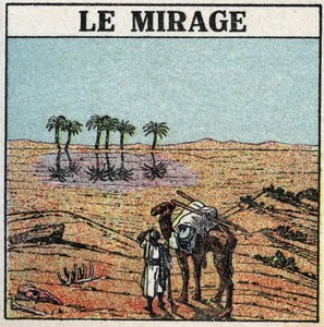 Lichtbreking: luchtspiegeling. Atmosferische breking geeft de illusie van een oase die in een woestijn verschijnt. Anonieme illustratie uit 1925. Privécollectie. door Anonymous Anonymous