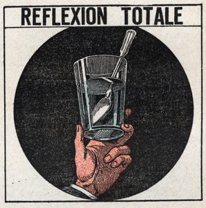 Lichtbreking: totale reflectie waargenomen met een zilveren lepel in een glas water. Kijkend vanaf onder het wateroppervlak zien we het beeld van de lepel als in een spiegel. Anonieme illustratie uit 1925. Privécollectie. door Anonymous Anonymous