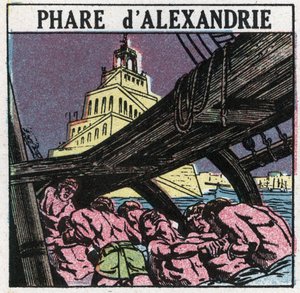 Lichtsignalen: de vuurtoren van Alexandrië in het oude Egypte. Anonieme illustratie uit 1925. Privécollectie. door Anonymous Anonymous