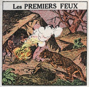 Lichtbronnen: de eerste vuren van prehistorische mensen. Anonieme illustratie uit 1925. Privécollectie.