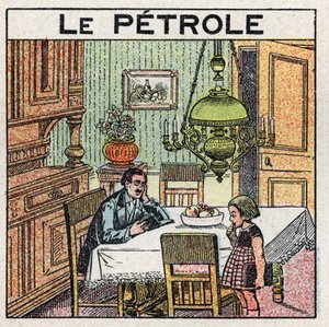 Lichtbronnen: gebruik van de olielamp. Anonieme illustratie uit 1925. Privécollectie.