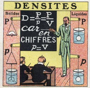 Vloeistofbalans: een leraar die de dichtheid van vaste stoffen en vloeistoffen onderwijst aan studenten in een klaslokaal. Anonieme illustratie uit 1925. Privécollectie. door Anonymous Anonymous