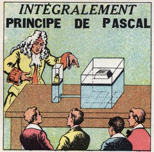 Vloeistofbalans: principe van Blaise Pascal (1623-1662). Anonieme illustratie uit 1925. Privécollectie.