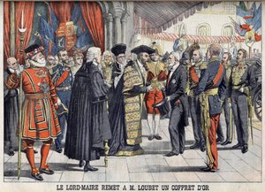 Londen, Groot-Brittannië. Sir Marcus Samuel presenteert president Emile Loubet een gouden doos na de receptie in de Guildhall. Le Petit Journal, juli 1903.