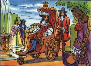 Lodewijk XIV heeft de promenade, de koning van Frankrijk Lodewijk XIV (1638-1715), zittend in een rolstoel, wandelend in het park van Versailles. Anonieme illustratie in 