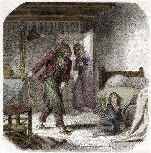 Lodewijk XVII (1785-1795) in de Tempel, met zijn cipier de schoenmaker Antoine Simon - Gravure in 