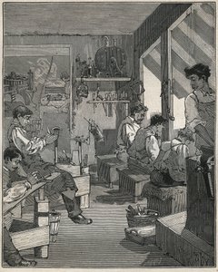 Fabricage van kammen in een werkplaats in Frankrijk in de 19e eeuw. Gravure uit 1885 in 