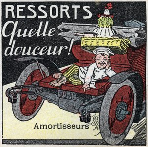 Mechanische tractie: schokveren van een auto. Anonieme illustratie uit 1925. Privécollectie.