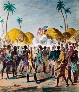 Ontmoeting van journalist Henry Morton Stanley (1841-1904) en David Livingstone (1813-1873), Britse arts en ontdekkingsreiziger, op 10/11/1871 in Tanzania. Gravure uit de 19e eeuw