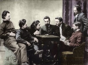 Leden van de Sreda literaire kring, gevormd in de tweede helft van de jaren 1890 door Russische realistische schrijvers - Portretten van Russische intellectuelen van de literaire groep Znanie: van links naar rechts, Andrei Skitalets (Stephan Gabrilovich Pe