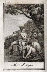 Mercurius en Argus. Dood van Argus: Mercurius speelde op de fluit om Argus in slaap te brengen en de nimf Io, die in een koe was veranderd, te bevrijden. Gravure uit 1819 in 