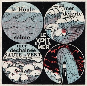 Meteorologie: effect van wind op de zee. De kalme deining, de zee breekt, woeste zee, golf. Anonieme illustratie uit 1925. Privécollectie.