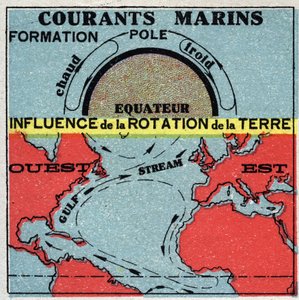 Meteorologie: zeestromen. Invloed van de aardrotatie. Golfstroom. Anonieme illustratie uit 1925. Privécollectie.