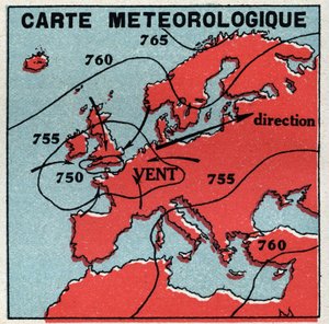 Meteorologie: meteorologische kaart. Anonieme illustratie uit 1925. Privécollectie. door Anonymous Anonymous