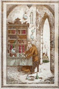 Monnik die planten voorbereidt voor distillatie. Gravure uit de 19e eeuw
