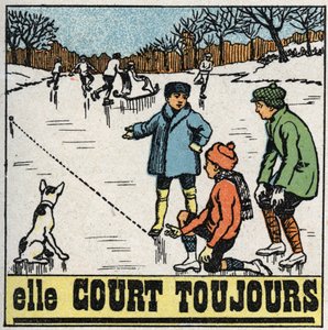 Bewegingen: kinderen spelen met ballen op het bevroren ijs van een vijver in de winter. Anonieme illustratie uit 1925. Privécollectie.