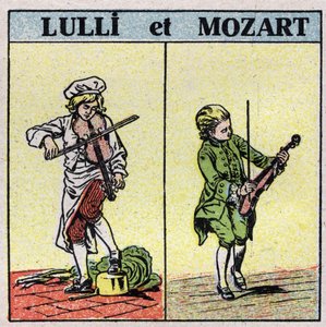 Muziekinstrumenten: gewreven snaarinstrumenten. Jean Baptiste Lully (Giovanni Battista Lulli) (1632-1687) en Wolfgang Amadeus Mozart (1756-1791) spelen viool. Anonieme illustratie uit 1925. Privécollectie.