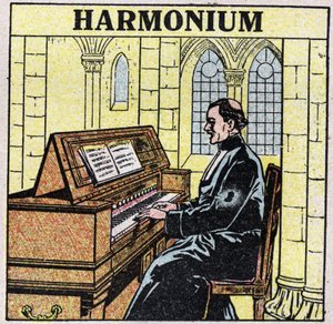 Muziekinstrumenten: blaasinstrumenten bij de heup. Harmoniumspeler in een kerk. door Anonymous Anonymous