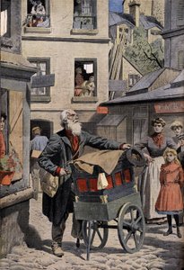 Oude beroepen: de barbaarse orgelspeler in de straten van Parijs. Gravure in de kop van de Petity Journal, 26/04/1908. Privécollectie