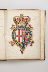 Orde van de Kousenband: Boek van Statuten dat toebehoorde aan Charles Fitzroy, Hertog van Grafton - Koninklijke wapens van de Hanovrianen van 1714 tot 1801 (Aquarel manuscript, begin 18e eeuw)