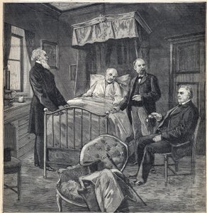 Panama-schandaal (Panama-zaak): De kamer van Cornelius Herz (1845-1898) Frans-Amerikaanse arts en zakenman in Bournemouth: bezoek van Dr. Jean Martin Charcot (1825-1893), klinisch arts en neuroloog, en Paul Brouardel (1837-1906) - Gravure door Anonymous Anonymous