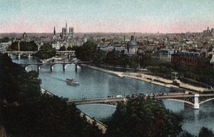 Parijs: panorama van de Seine richting de Kathedraal Notre Dame (Notre-Dame) en het Île de la Cité. Foto uit 1920 in 
