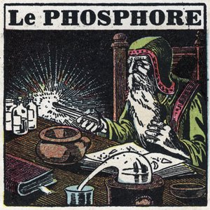Fosforescentie: fosfor. Een alchemist op zoek naar de filosofische steen in zijn laboratorium. Anonieme illustratie uit 1925. Privécollectie. door Anonymous Anonymous