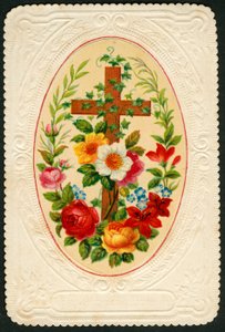 Vrome afbeelding: Kruis met bloemen (chromolithografie)